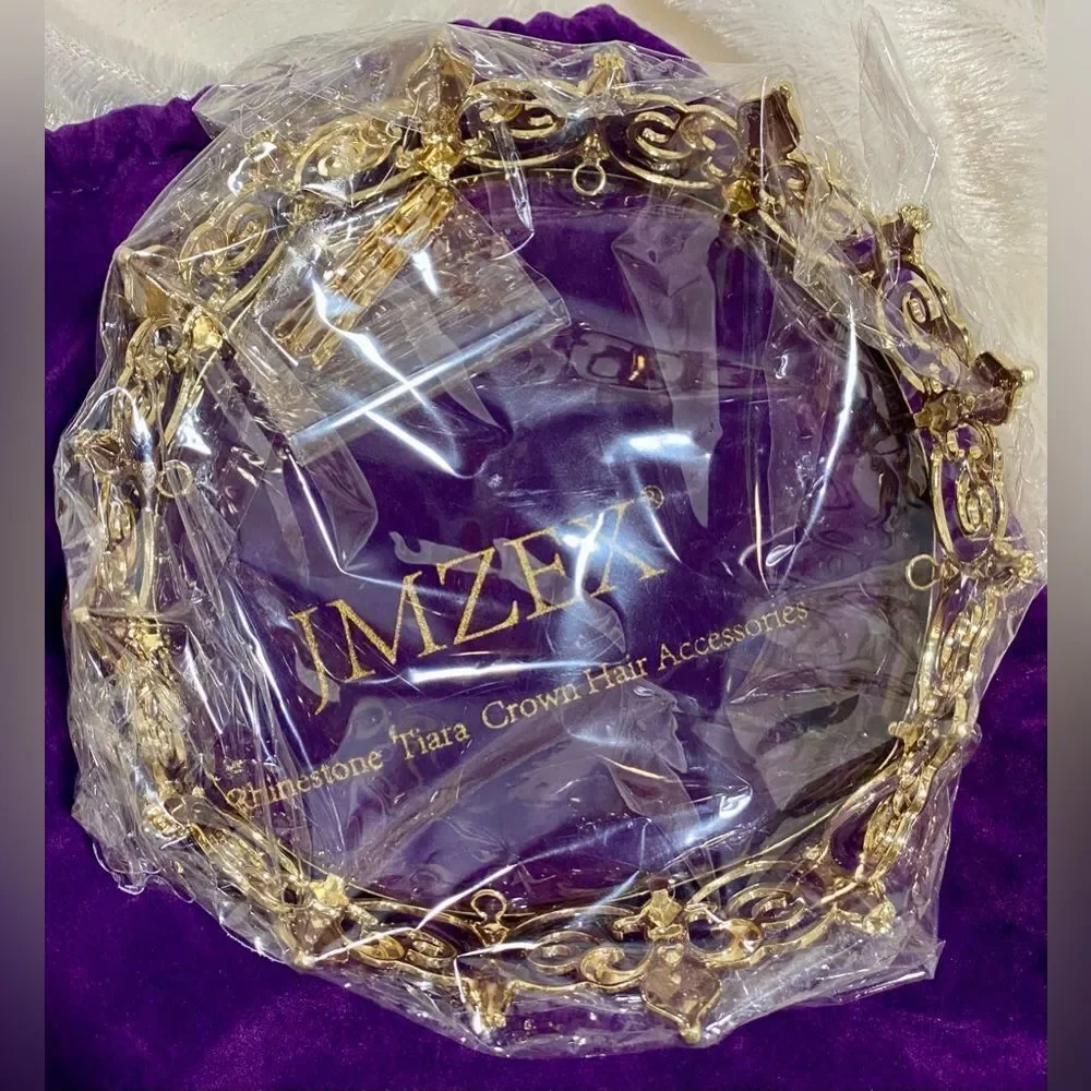 Gold tone crown with rhinestones, matching hair clips, and storage bag NWT